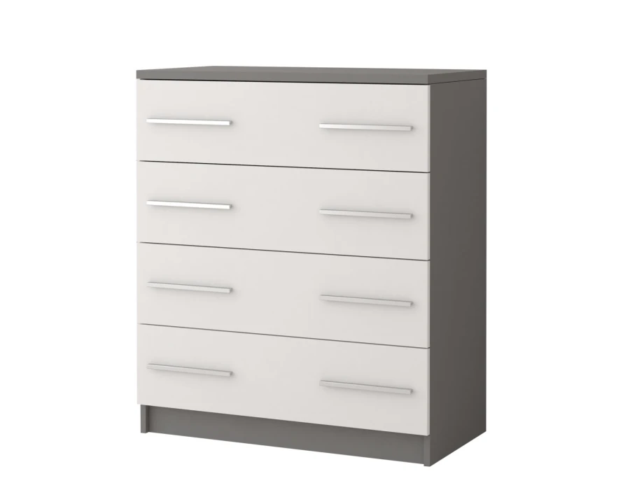 Moderne Kommode in Grau und Weiß, 4 breite Schubladen mit Metallgriffen.
