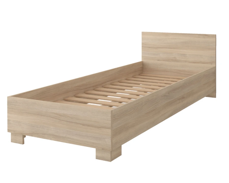 Stabiles Einzelbett aus hellem Holz mit Kopfteil und Lattenrost, zeitloses Design.