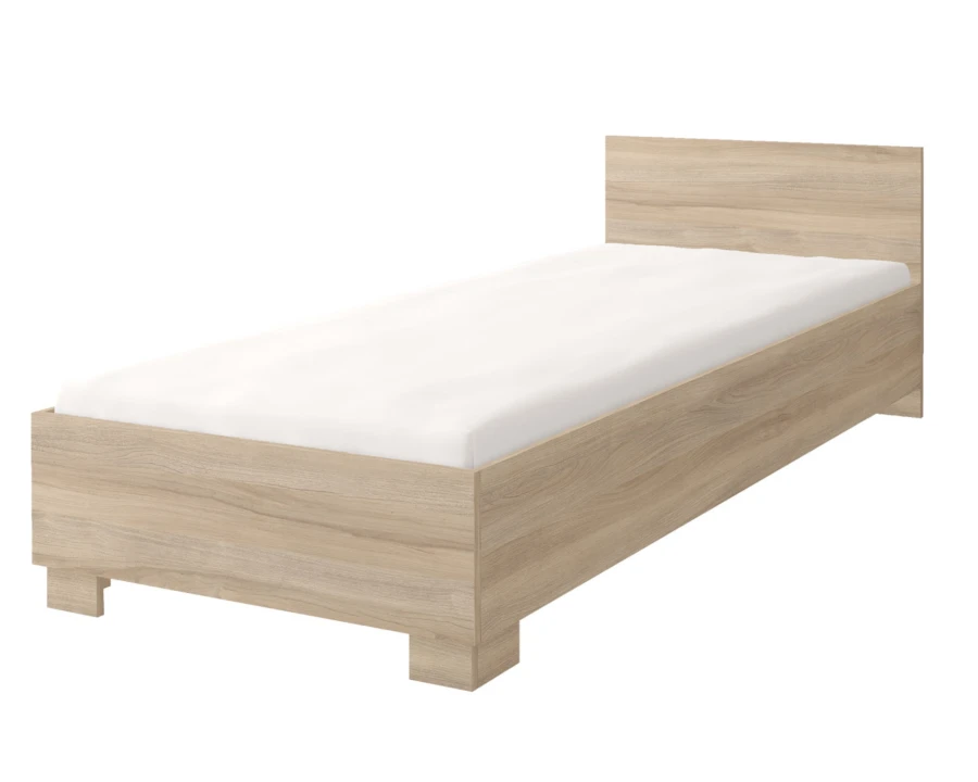 Komfortables Einzelbett in Eiche-Nachbildung mit weißer Matratze und Kopfteil.