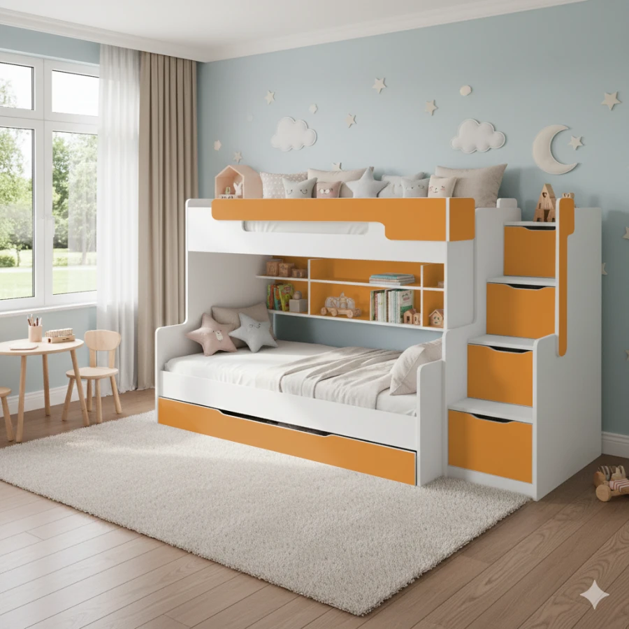 Modern wit-oranje stapelbed met trap en opbergruimte in de kinderkamer.