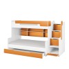 Weiß-oranges Funktionsbett mit Treppenstufen, Schubfächern und Regalen auf weißem Hintergrund.