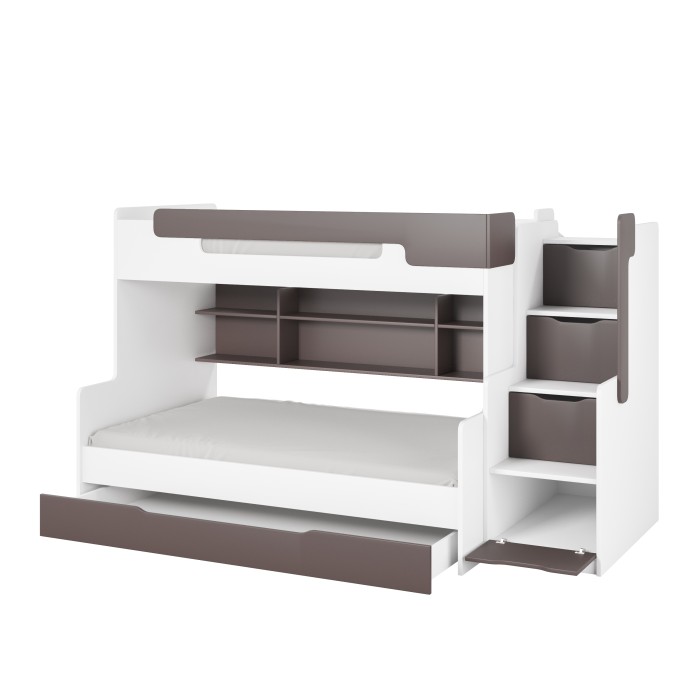 Hochbett für Kinder in Weiß und Grau mit integriertem Stauraum und funktionaler Treppe.