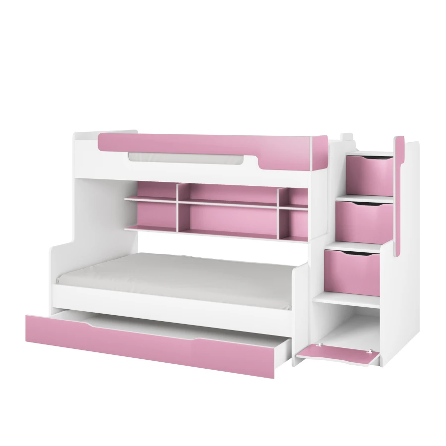 Modern stapelbed in wit en roze met praktische trap en veel opbergruimte voor kinderen.