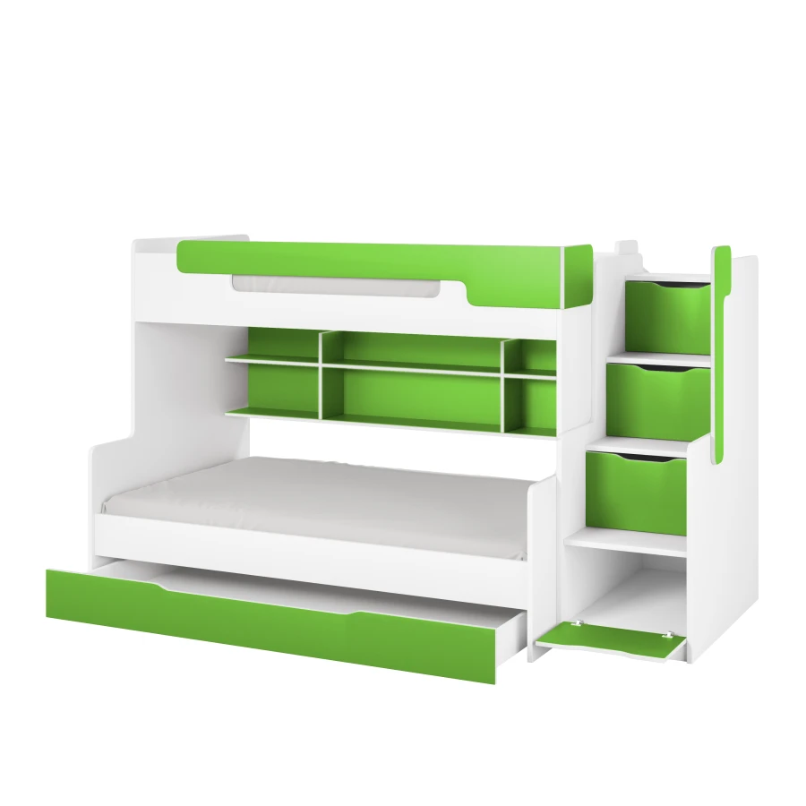 Wit-groen kinderstapelbed met opbergvakken, trap en een grote lade.