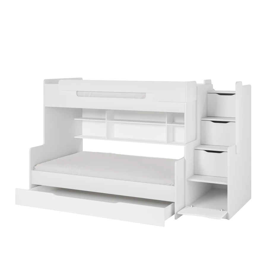 Wit stapelbed met trap, planken en bedlade, ideaal voor de kinderkamer.