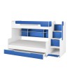 Blauw-wit stapelbed met geïntegreerde trap, opbergvakken en uitschuifbare lade.