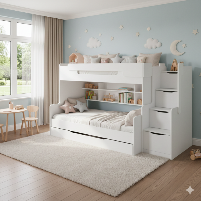 Cosy children's bedroom with white bunk bed, stairs and plenty of storage space for toys.
