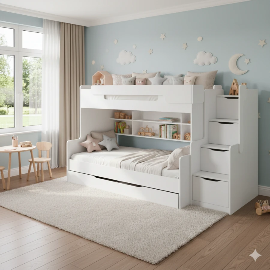Modernes weißes Etagenbett für Kinder mit integriertem Regal und Treppenstufen-Schubladen.