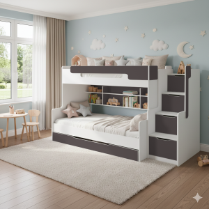 HANNA 90x200/120x200 Weiß + Graphit Etagenbett Funktionsbett mit Treppe Deine Möbel