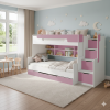 Weiß-rosa Etagenbett fürs Kinderzimmer mit funktionaler Treppe und Stauraumregal.