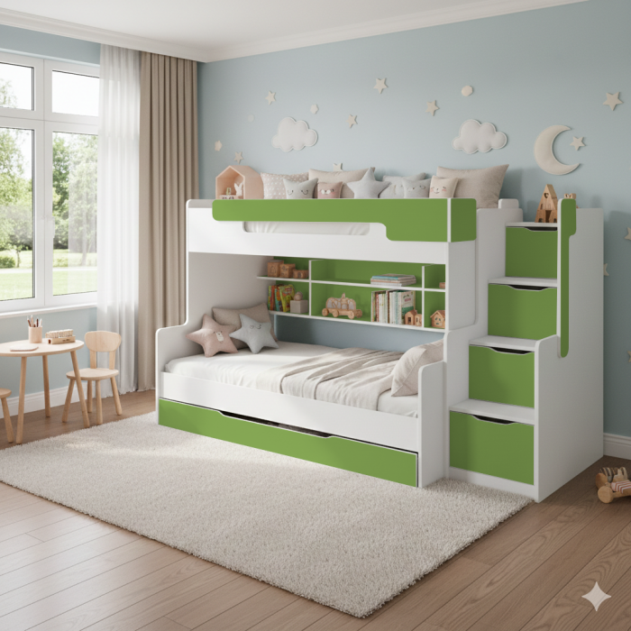 Funktionales weiß-grünes Hochbett für Kinder mit Treppenaufstieg und vielen Ablagemöglichkeiten.