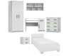Jugendzimmer-Set in Weiß mit frischen grünen Griffen, inklusive Bett, Schrank, Schreibtisch und Kommode.