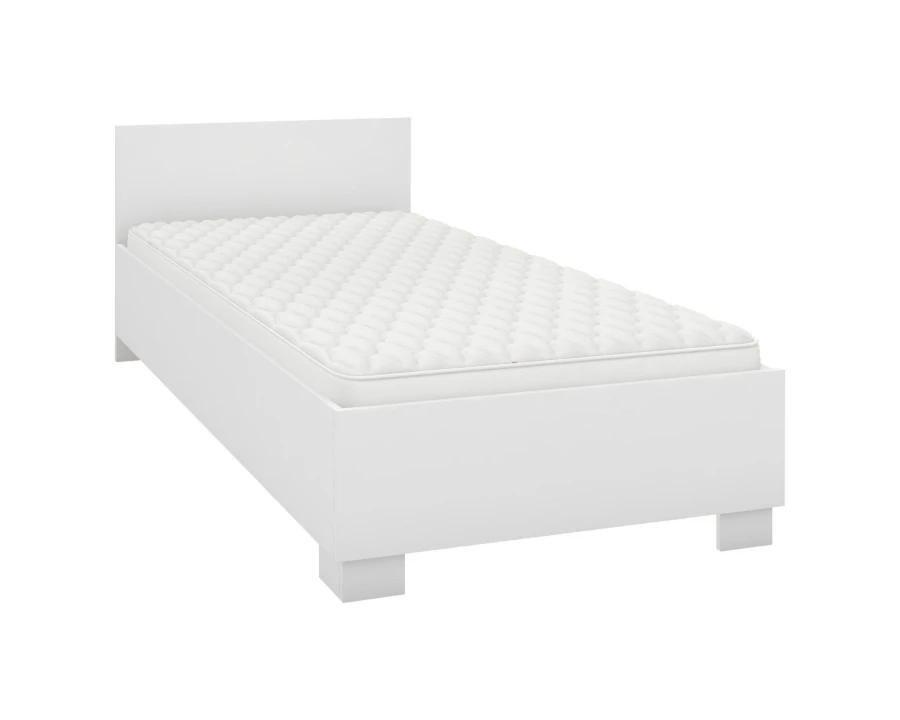 Schlichtes weißes Einzelbett mit Matratze fürs Kinderzimmer.