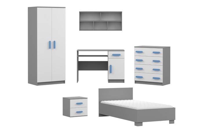 Komplettes Kinderzimmer-Möbelset in Grau und Weiß mit blauen Griffen.