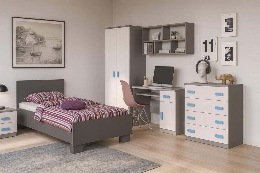 Modern gestaltetes Jugendzimmer mit INGE Möbel-Kollektion in Grau-Weiß und passender Deko.