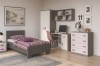 Modernes Jugendzimmer mit grau-weißen Möbeln, pinken Details und gemütlicher Einrichtung.