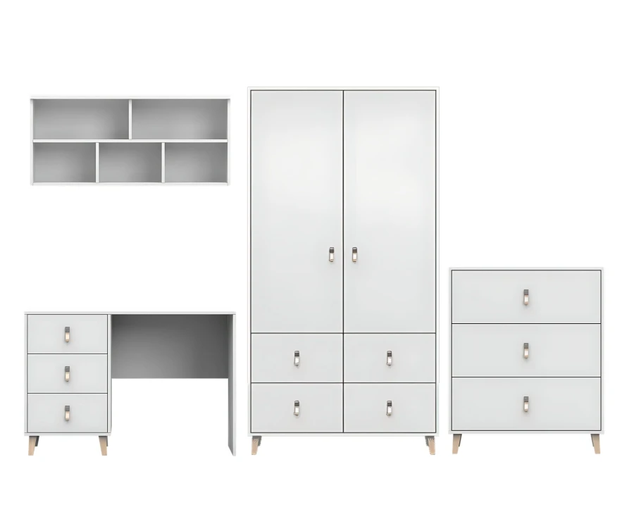 Weißes Möbelset mit Ledergriffen: Kleiderschrank, Schreibtisch, Kommode und Wandregal.