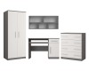 Modernes Jugendzimmer-Set in Grau und Weiß: Kleiderschrank, Schreibtisch, Wandregal und Kommode.