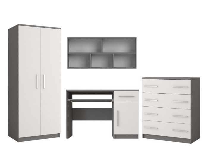 Modernes Jugendzimmer-Set in Grau und Weiß: Kleiderschrank, Schreibtisch, Wandregal und Kommode.