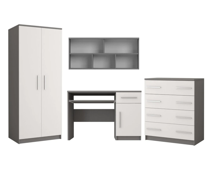 Modernes Jugendzimmer-Set in Grau und Weiß: Kleiderschrank, Schreibtisch, Wandregal und Kommode.
