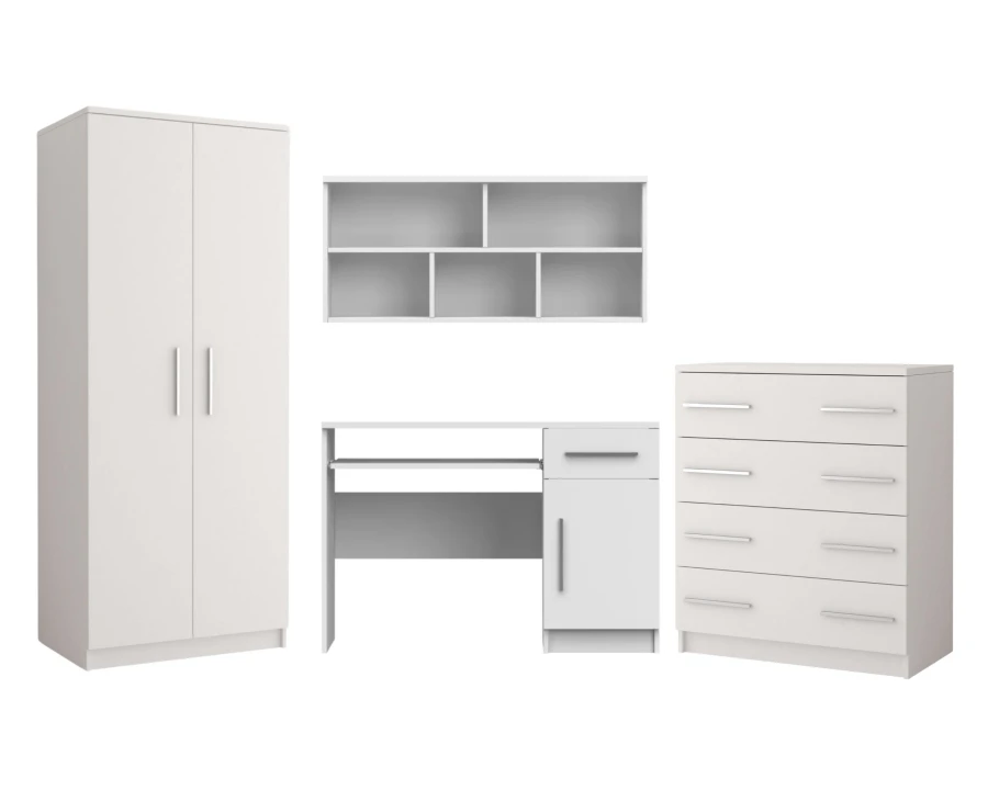 Complete meubelset voor tienerkamer in wit met kledingkast, bureau en commode.
