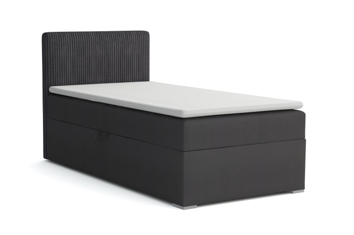 Eenpersoons boxspringbed in antraciet met verticaal gestikt hoofdbord.