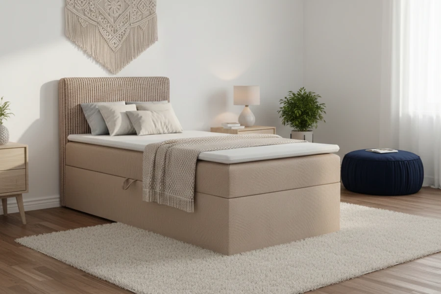 Eingerichtetes Schlafzimmer mit beigem Einzel-Boxspringbett, Cord-Kopfteil und dekorativem Zubehör.