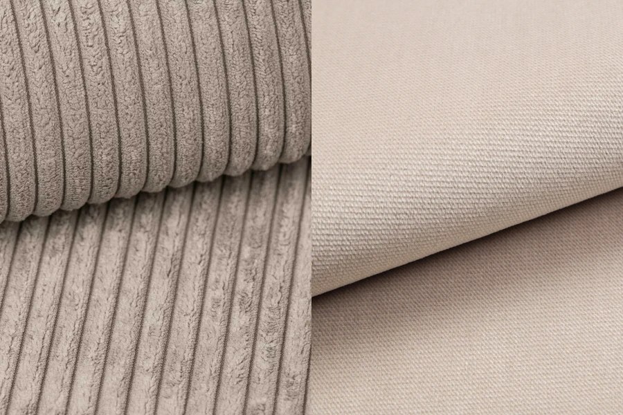 Stoffproben-Detail: Beiger Cordstoff und Webstoff für hochwertige Möbelbezüge im Vergleich.