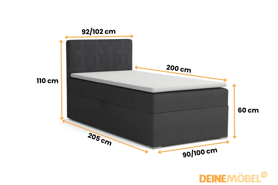 Maßzeichnung eines Boxspringbetts mit detaillierten Angaben zu Höhe, Breite und Länge in Zentimetern.