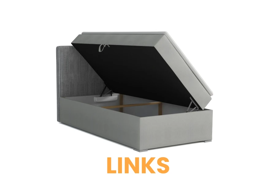 Boxspringbett mit Bettkasten, seitliche Öffnung nach links für Stauraum.