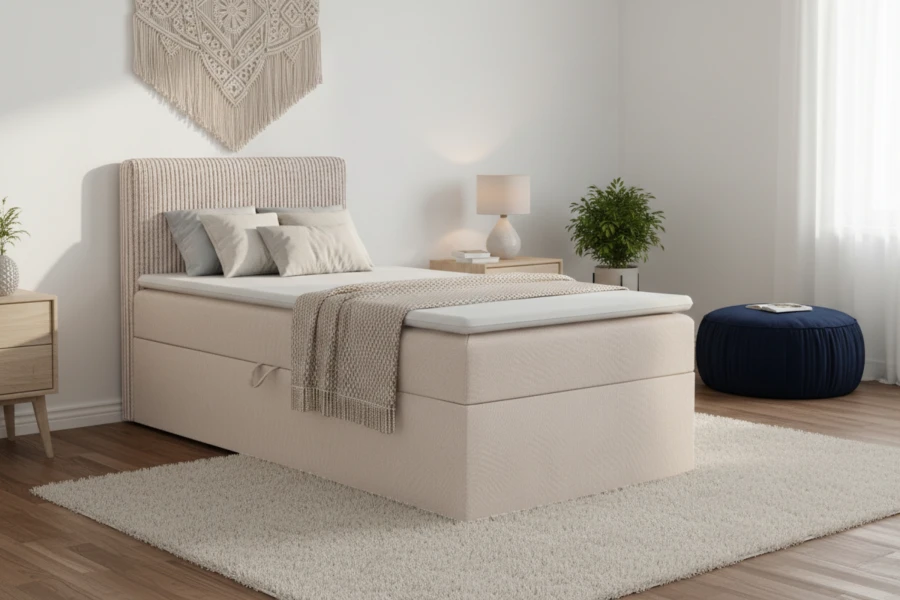 Beiges Boxspringbett Einzelbett im modern eingerichteten Schlafzimmer