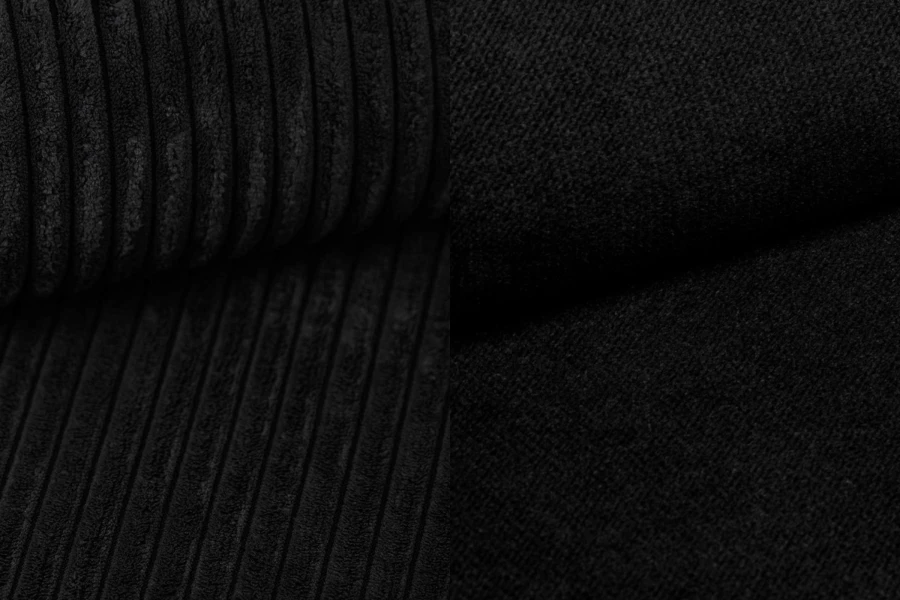 Detailansicht schwarzer Cord- und Polsterstoff für Boxspringbetten.