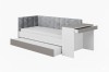 Weißes Funktionsbett mit Schreibtisch rechts, grauem Polsterkopfteil und ausziehbarem Gästebett.