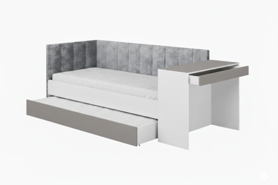 Weißes Funktionsbett mit Schreibtisch rechts, grauem Polsterkopfteil und ausziehbarem Gästebett.