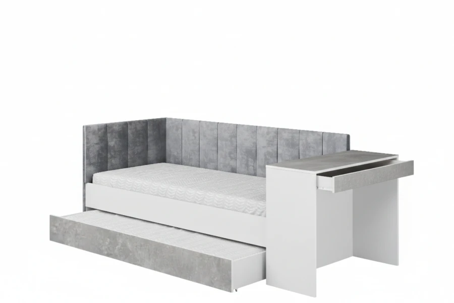 Funktionsbett mit Schreibtisch rechts, Betonoptik-Details und praktischer zweiter Liegefläche.