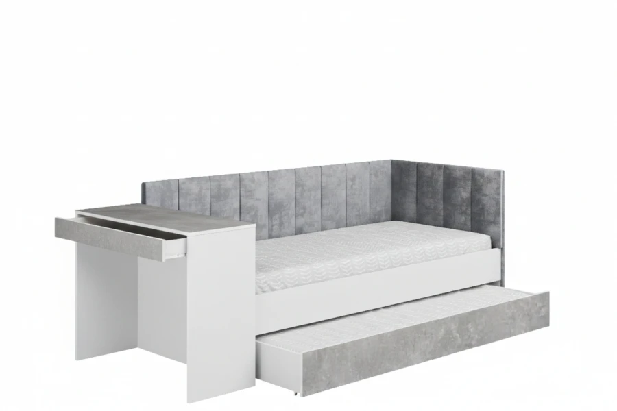 Weißes Jugendbett mit integriertem Schreibtisch links, Beton-Dekor und ausziehbarem Bettkasten.