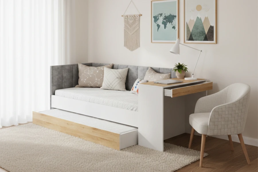 Weißes Funktionsbett mit Ausziehbett und integriertem Schreibtisch in Eiche-Optik für das Kinderzimmer.