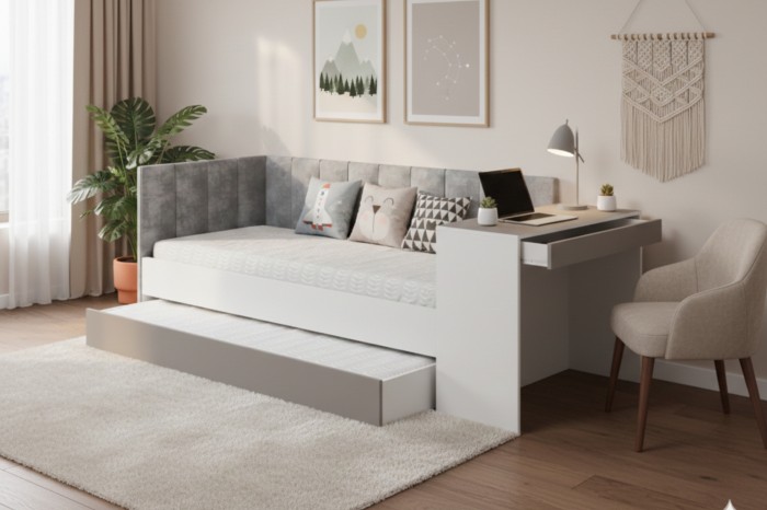 Weißes Jugendbett mit Schreibtisch rechts und grauem Ausziehbett für Gäste.