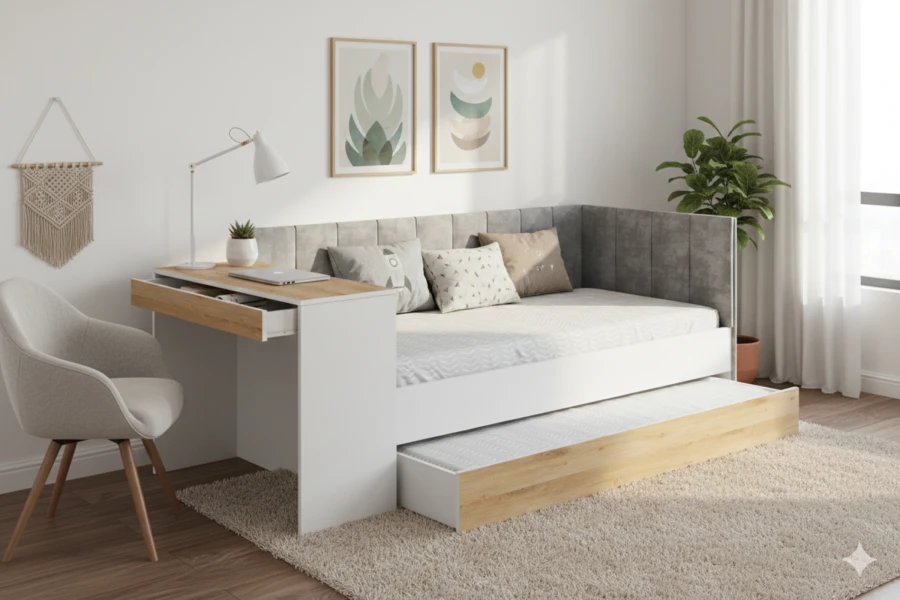 Weißes Kinderbett mit Schreibtisch auf der linken Seite und praktischem Ausziehbett in Holz-Optik.