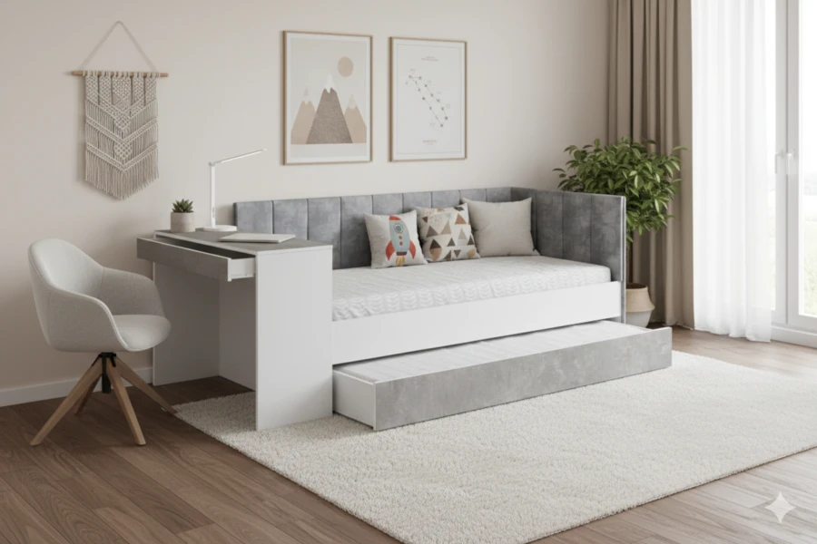 Funktionelles Kinderbett in Weiß mit grauem Ausziehbett, Schreibtisch und dekorativen Wandbildern.