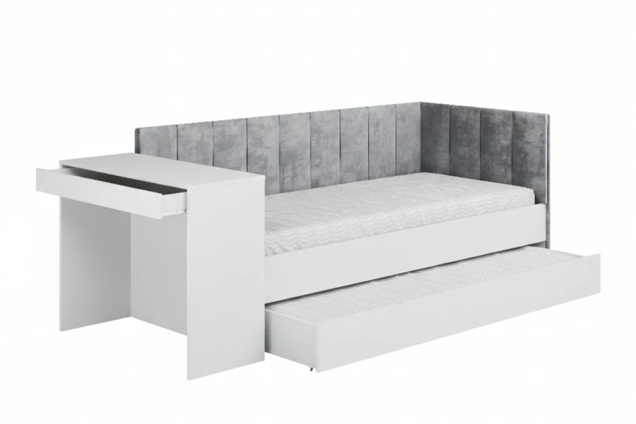 Modernes Bett in Weiß mit Polsterkopfteil, integriertem Schreibtisch links und Ausziehbett