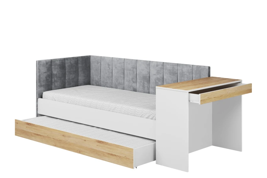 Jugendbett in Weiß und Eiche mit grauem Polsterkopfteil, Schreibtisch und ausziehbarem Bett