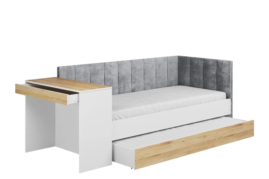Modernes Funktionsbett in Weiß und Eiche mit Schreibtisch und Ausziehbett für Gäste.