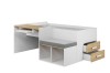 Multifunktionales Hochbett in Weiß und Eiche mit Schreibtisch, Sitzbank und Schubladen.