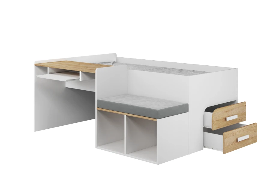Multifunktionales Hochbett in Weiß und Eiche mit Schreibtisch, Sitzbank und Schubladen.