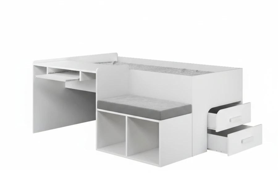 Kompaktes weißes Kinderbett mit integriertem Schreibtisch, Regal und zwei Schubfächern.