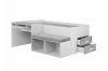 Weiß-graues Funktionsbett mit Schreibtisch, Sitzbank und praktischem Stauraum für Kinder.