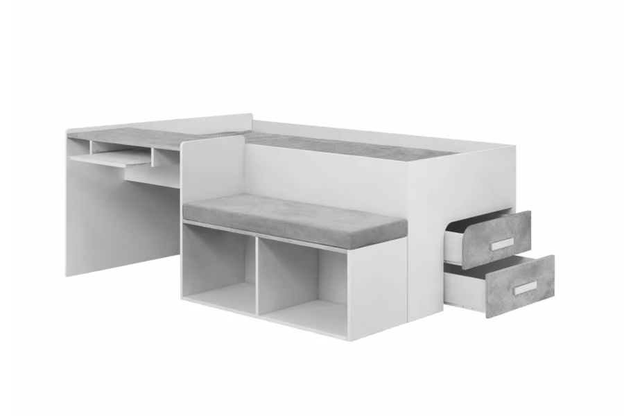 Weiß-graues Funktionsbett mit Schreibtisch, Sitzbank und praktischem Stauraum für Kinder.
