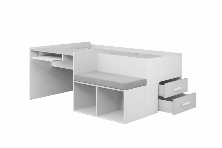 Weißes Multifunktionsbett mit Schreibtisch, Sitzbank und Stauraum für das Kinderzimmer.