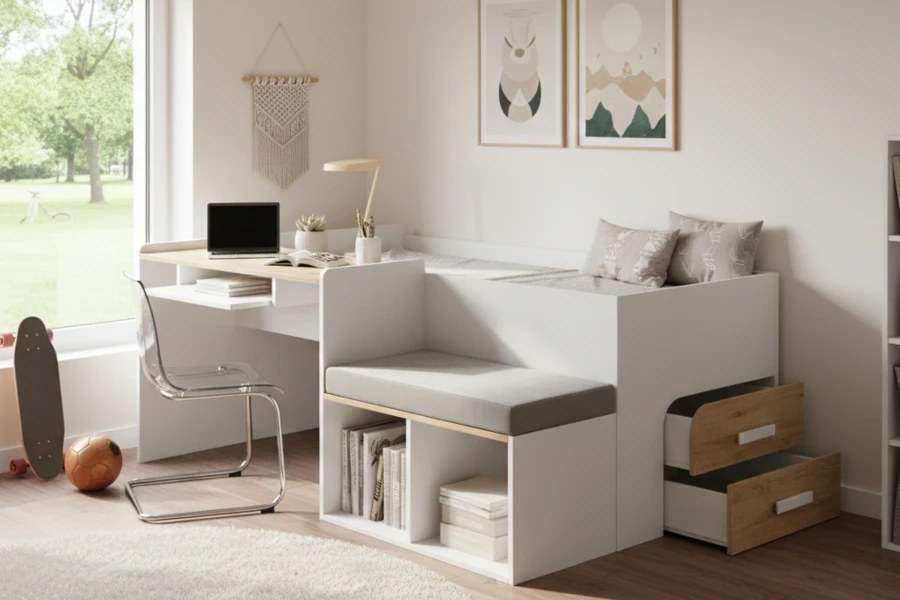 Eingerichtetes Kinderzimmer mit platzsparendem Hochbett in Holz-Optik und Schreibtisch.